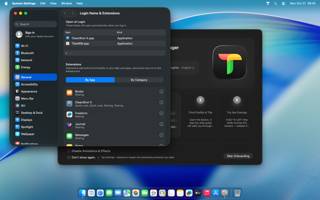 System Settings confirming TilesWM in login items