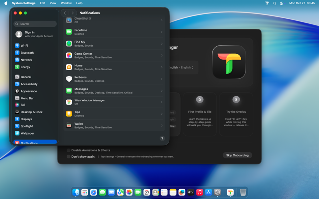 System Settings notifications list