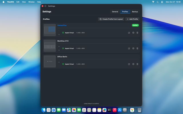 Profile order example, default position